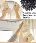 One Hundred Black Plastic Roman Blind Curtain Rings O Rings For Window Treatments Smart Cord Guides installed on a curtain fabric.