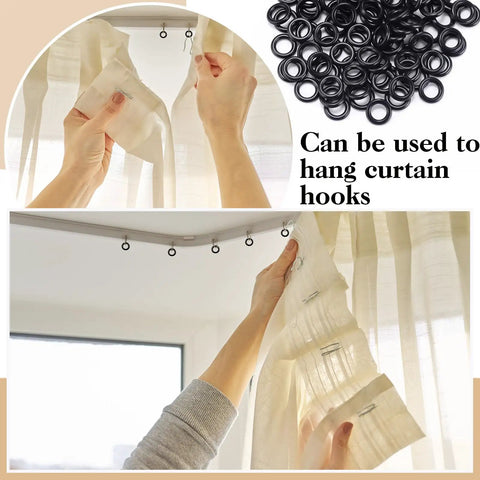 One Hundred Black Plastic Roman Blind Curtain Rings O Rings For Window Treatments Smart Cord Guides installed on a curtain fabric.