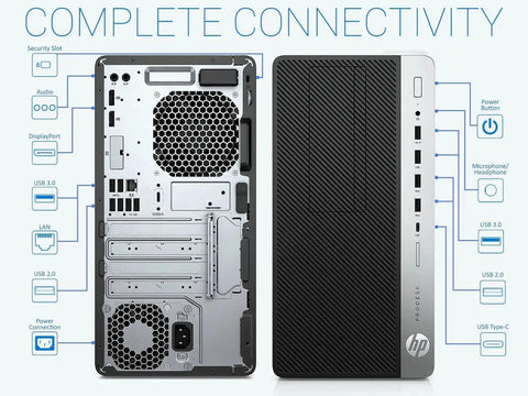 ProDesk 600G4 Tower Desktop Computer With Intel Core i7-8700 3.4 GHz, 16GB DDR4 RAM, 1TB SSD showing front and back connectivity ports