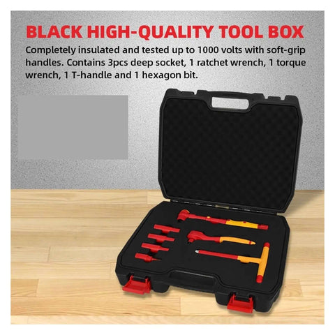 Badass Insulating Wrench Socket Set For Garage Rigs And EV Repair Tools With Sturdy Vinyl Coated Drives And Secure Snap Case Premium Top Tier Mechanic Essentials Tool Kit in black toolbox, showing sockets and wrenches.