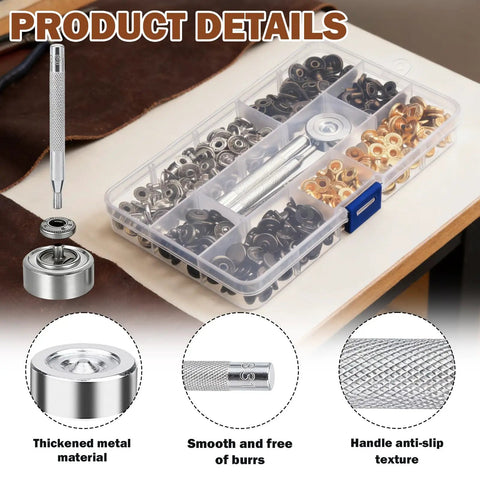 Leather Button Snap Kit 100 Sets 12.5mm With Four Fixing Tools in plastic box, includes metal tools and assorted snap fasteners.