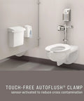 AutoFlush Touchless Toilet Flusher Clamp Chrome Hands Free Sensor Easy Retrofit Kit in restroom installation view