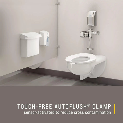 AutoFlush Touchless Toilet Flusher Clamp Chrome Hands Free Sensor Easy Retrofit Kit in restroom installation view