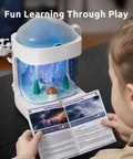 Hands On 3 In 1 Weather Station Toy For Kids Ages 6 To 8, Eight Weather Modes Weather Lab STEM Kit For Curious Young Meteorologists, Kid Approved Fun Educational Science Toy. White plastic tabletop weather lab with child reading thunder and lightning guide