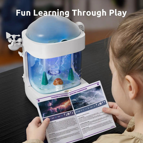 Hands On 3 In 1 Weather Station Toy For Kids Ages 6 To 8, Eight Weather Modes Weather Lab STEM Kit For Curious Young Meteorologists, Kid Approved Fun Educational Science Toy. White plastic tabletop weather lab with child reading thunder and lightning guide