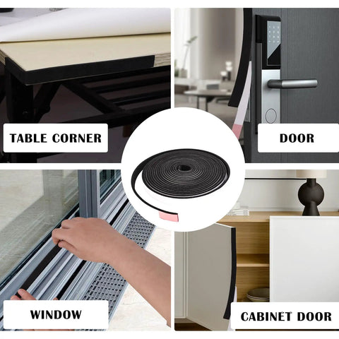 Rock Solid Heavy Duty Closed Cell Foam Weather Stripping For Doors And Windows Self Adhesive 1 4 Inch By 1 8 Inch Tape 3 Pack Set shown on various surfaces.