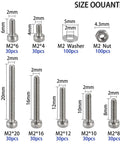 Tiny Hex Socket Head Cap Screws Kit With Nuts And Washers, 304 Stainless Steel Micro Allen Machine Screws M2. Sizes 4-20mm shown.