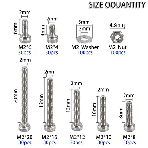 Tiny Hex Socket Head Cap Screws Kit With Nuts And Washers, 304 Stainless Steel Micro Allen Machine Screws M2. Sizes 4-20mm shown.