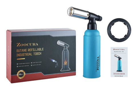Big Butane Torch With Adjustable Double Flames Refillable Blow Torch For Soldering Welding Baking DIY Crafts Industrial Grade Sturdy Brass Nozzle Gas Not Included Continuous Six Inch Flame Up To 2500 Degrees Fahrenheit with box and accessory.