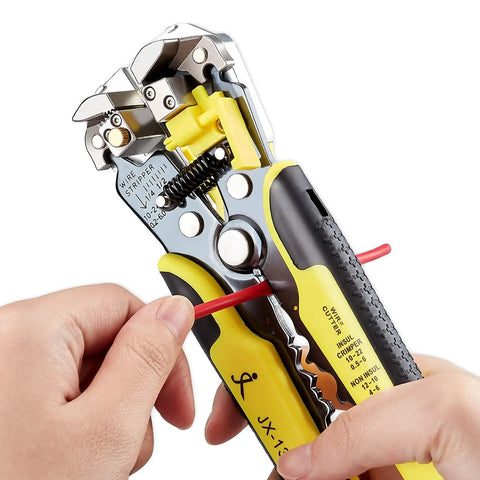 Hands using Automatic Wire Stripper Tool 8 Inch Self Adjusting With Replaceable Springs, Wire Cutter And Crimping Pliers For 10-24 AWG