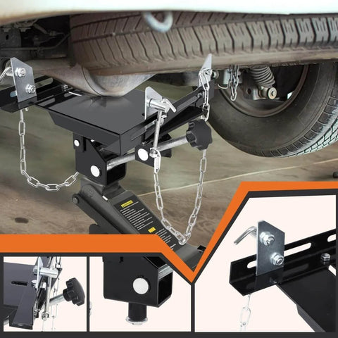 Transmission Jack Adapter For Hydraulic Floor Jacks Converts To 1100Lb Transmission Jack With 1.17 Inch Removable Saddle Universal Gearbox Removal Tool With Double Safety Chains And Angle Adjustable For Cars And Light Trucks in use under a vehicle