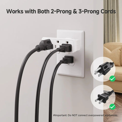 ETL Listed 2-Pack 3-Outlet Grounded Wall Tap With 180 Degree Swivel plugged into wall with cords