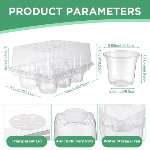 Diagram showing 10 Pack Seed Starter Tray Kit With 60 Cell Seedling Trays, 60 4 Inch Nursery Pots, and measurements.