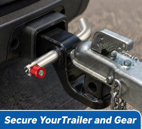 Stainless Steel Five Eighths Inch Trailer Hitch Pin Lock Easy Install Lock It Down Anti Theft Security in use on a trailer
