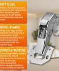 Close-up of a nickel-plated hinge from the 4 Pack Soft Close Cabinet Hinges Surface Mount Hidden Hinges For Frameless Cabinet Doors No Pre Drilled Easy To Install With Quiet Operation And Noise Reduction For Kitchen And Bathroom Cabinets, featuring soft close technology with sturdy structure.