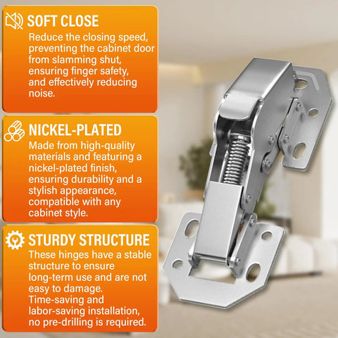 Close-up of a nickel-plated hinge from the 4 Pack Soft Close Cabinet Hinges Surface Mount Hidden Hinges For Frameless Cabinet Doors No Pre Drilled Easy To Install With Quiet Operation And Noise Reduction For Kitchen And Bathroom Cabinets, featuring soft close technology with sturdy structure.