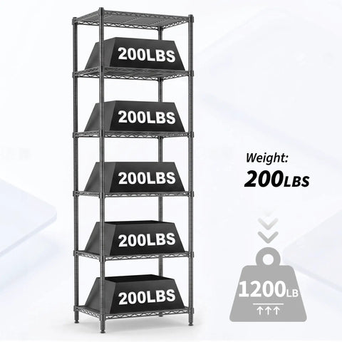 Heavy Duty Six Tier Metal Wire Shelving Rack With Rust Resistant Carbon Steel Frame showcasing weight capacity of 1200lbs, ideal for garage organization.