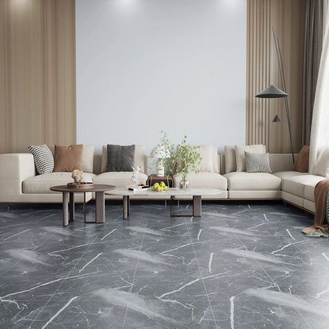Living room with Grey Marble Peel And Stick Vinyl Floor Tiles 24 Pack Waterproof 12x12 Self Adhesive Floor Tiles on floor