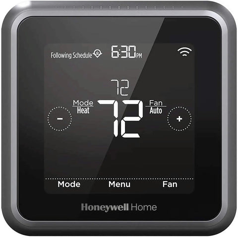 Front view of Renewed T5 Plus Smart Thermostat Black With 7 Day Scheduling And Location Based Temperature Control Geofence Technology And Energy Saver ENERGY STAR Certified For Smart Home Comfort showing digital display.