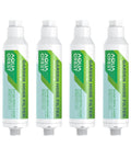 Four white garden hose water filters reducing chlorine and odor, ideal for plant health in organic gardening and pet care.