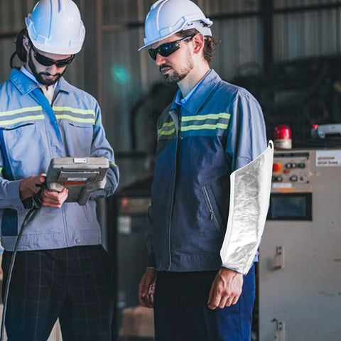 Heavy Duty Heat Resistant Aluminum Foil Arm Sleeves, Waterproof Cut Resistant Forearm Guards Shop Tough Armor For Welders Mechanics And Garage Grinders, 2 Pack worn by a worker in safety gear.
