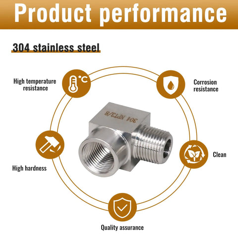 Front view of Napredak stainless steel 90-degree NPT elbow fitting with male and female threads