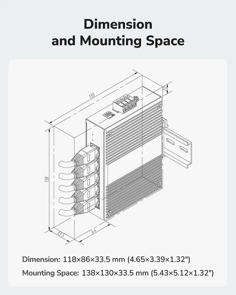 Technical drawing of 5 Port Gigabit Industrial Network Switch With DIN Rail Mount IP40 Rated showing dimensions on mounting space.