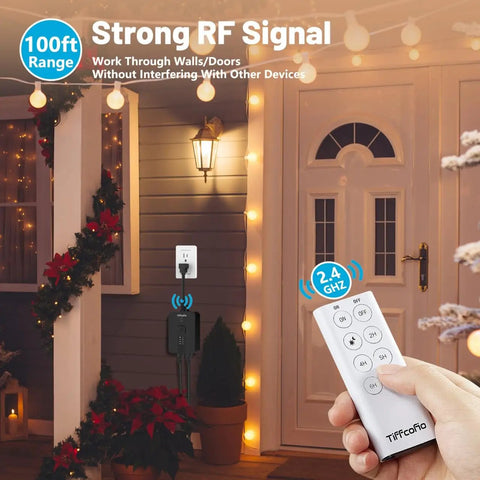 Image of Heavy Duty Waterproof Outdoor Timer With Super Slick 100 Ft Remote And Dusk To Dawn Sensor Countdown showcasing 100ft RF signal range.