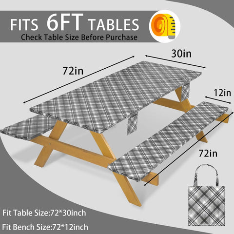 Fitted Waterproof Picnic Table Cover Set With Bench Covers Heavy Duty Elastic Outdoor Tablecloth For 6 Foot Rectangular Tables