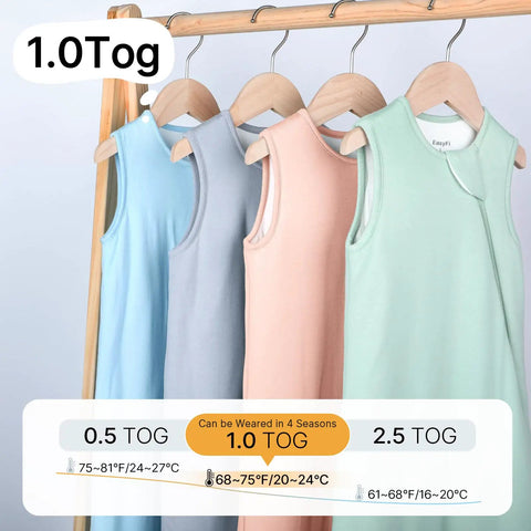 Cozy Bamboo Rayon Sleep Sack For Babies 6 To 12 Months 1.0 TOG All Year Wearable Blanket in various colors hanging on rack