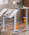 White Adjustable Standing Desk With Flip Top Tiltable Workstation And Three Memory Height Settings For Home Office, 28.7 to 46.8 inches.