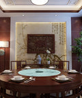 Dining room setup featuring Large Lazy Susan Turntable For Dining Table And Kitchen With Tempered Glass Surface.