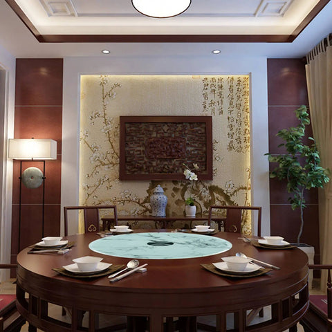 Dining room setup featuring Large Lazy Susan Turntable For Dining Table And Kitchen With Tempered Glass Surface.