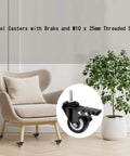 Heavy Duty 3 Inch Threaded Stem Caster Wheels Set Of 4 M10x25mm Dual Locking Brakes shown on modern chair with plant.