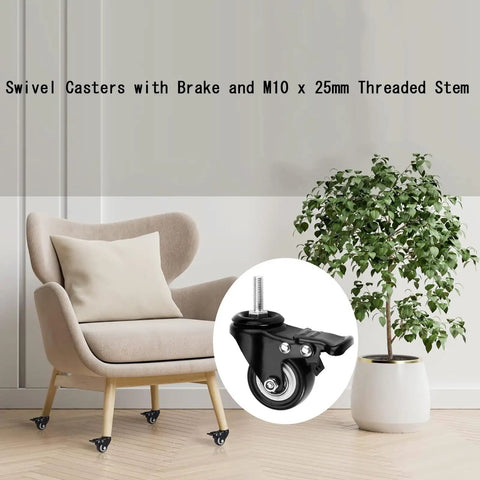 Heavy Duty 3 Inch Threaded Stem Caster Wheels Set Of 4 M10x25mm Dual Locking Brakes shown on modern chair with plant.