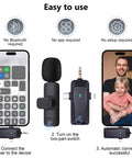 Image showing 4 in 1 Wireless Lavalier Microphone With Universal Receiver for iPhone with setup instructions.