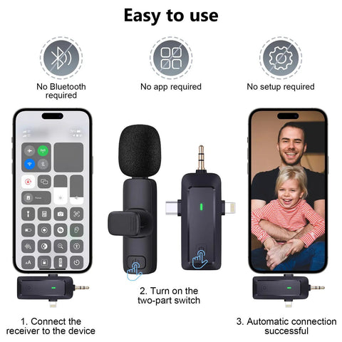 Image showing 4 in 1 Wireless Lavalier Microphone With Universal Receiver for iPhone with setup instructions.