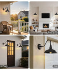 Black Gooseneck Barn Light With 10 Inch Dome Exterior Wall Mount Lamp For Farmhouse Garage Porch Patio Outdoor Sconce Matte Black Durable Weatherproof Finish installed in various settings.
