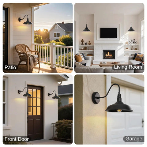 Black Gooseneck Barn Light With 10 Inch Dome Exterior Wall Mount Lamp For Farmhouse Garage Porch Patio Outdoor Sconce Matte Black Durable Weatherproof Finish installed in various settings.