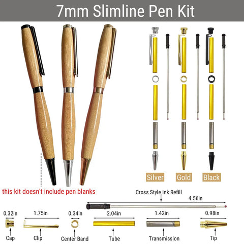 DIY Pen Turning Kit For Lathe With MT2 Mandrel Saver 7mm Slimline Pen Kit And 7pc Barrel Trimming System components displayed