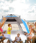 XXLarge Beach Tent Sun Shelter For 5 To 6 People Instant Pop Up Beach Shade in use on a beach with a family
