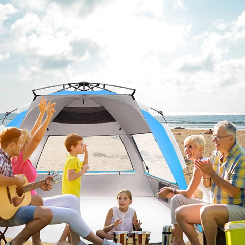 XXLarge Beach Tent Sun Shelter For 5 To 6 People Instant Pop Up Beach Shade in use on a beach with a family