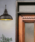 Awesome 12 Inch Dome Farmhouse Outdoor Barn Light Fixtures Rustic Exterior Wall Sconces In Matte Black Finish With Gold Interior Bead Shape Design For Porch Garage And Doorway next to wooden door