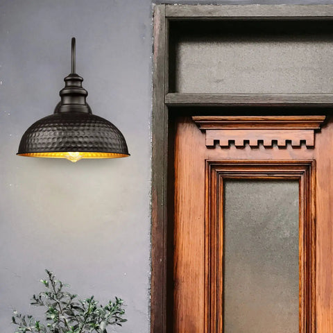 Awesome 12 Inch Dome Farmhouse Outdoor Barn Light Fixtures Rustic Exterior Wall Sconces In Matte Black Finish With Gold Interior Bead Shape Design For Porch Garage And Doorway next to wooden door