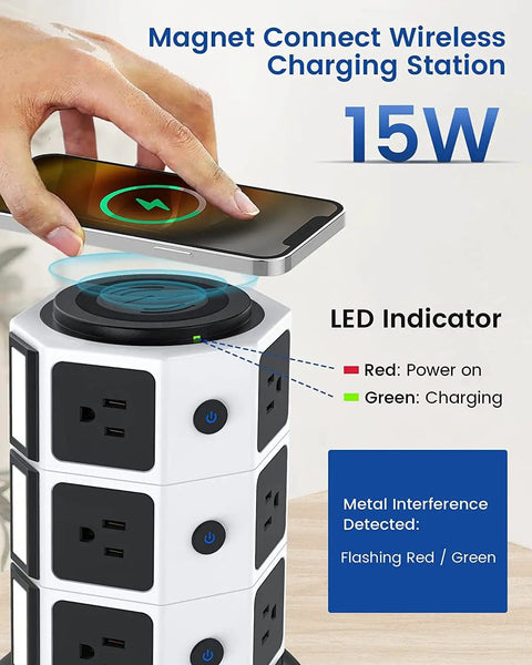 Tower Power Strip With Wireless Charging And Surge Protector, 13A 10 Outlets And 4 USB Ports, showing magnetic wireless pad.