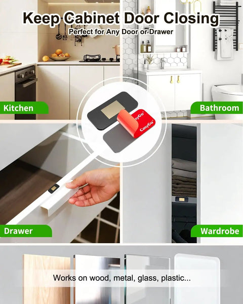 Image showing 10 Pack Ultra Thin Magnetic Door Catches for cabinets and drawers in a kitchen and bathroom setting.