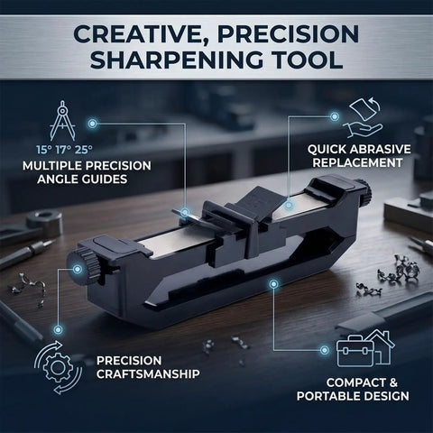 Sharpener Angle Guide Kit With Creative Sharpening Tool for Home and Outdoor Use displayed on a workbench with angle guides.