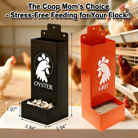 Hella Durable Metal Chicken Grit And Oyster Shell Feeder with dual bins for grit and oyster shells, measuring 10.24" high.