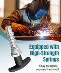 Hard Core Heavy Duty Quick Release Spring Loaded Pull Pin With Super Grip T Handle Knob For No Sweat Shop Swaps On Industrial Racks Welding Shelves And Gym Gear Three Point One Five Inch Diameter Two Pack, showcased with a welder.