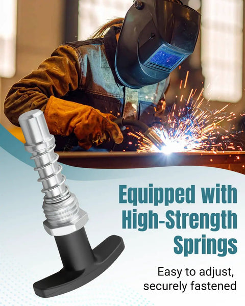 Hard Core Heavy Duty Quick Release Spring Loaded Pull Pin With Super Grip T Handle Knob For No Sweat Shop Swaps On Industrial Racks Welding Shelves And Gym Gear Three Point One Five Inch Diameter Two Pack, showcased with a welder.
